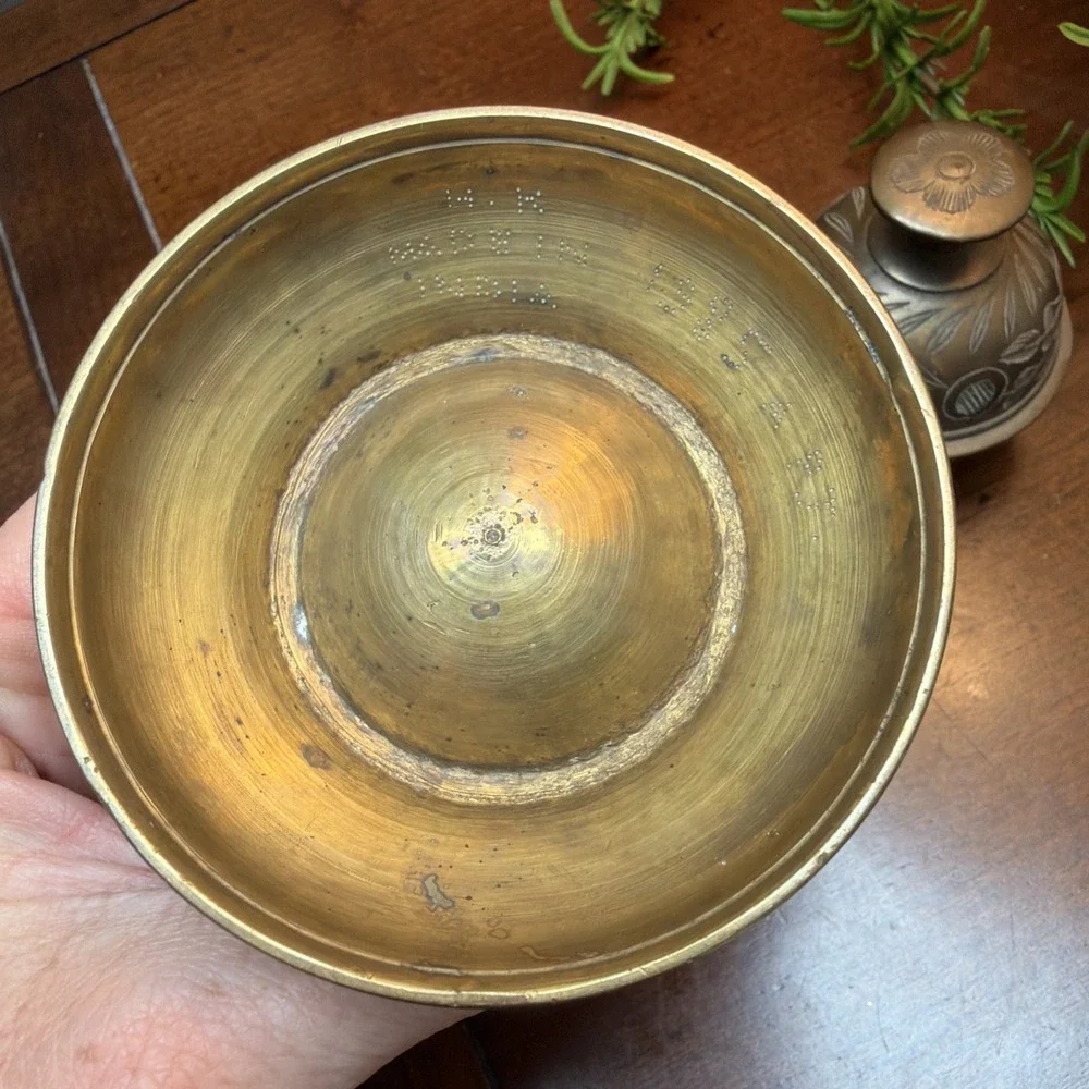 Vintage Solid Brass Elephant Claw Bell Engraved Leaf Pattern with Stand 3